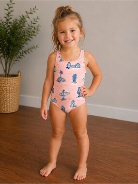 Seaesta Surf • NWT Girls' Pink Surf Print One-Piece Swimsuit 3/4